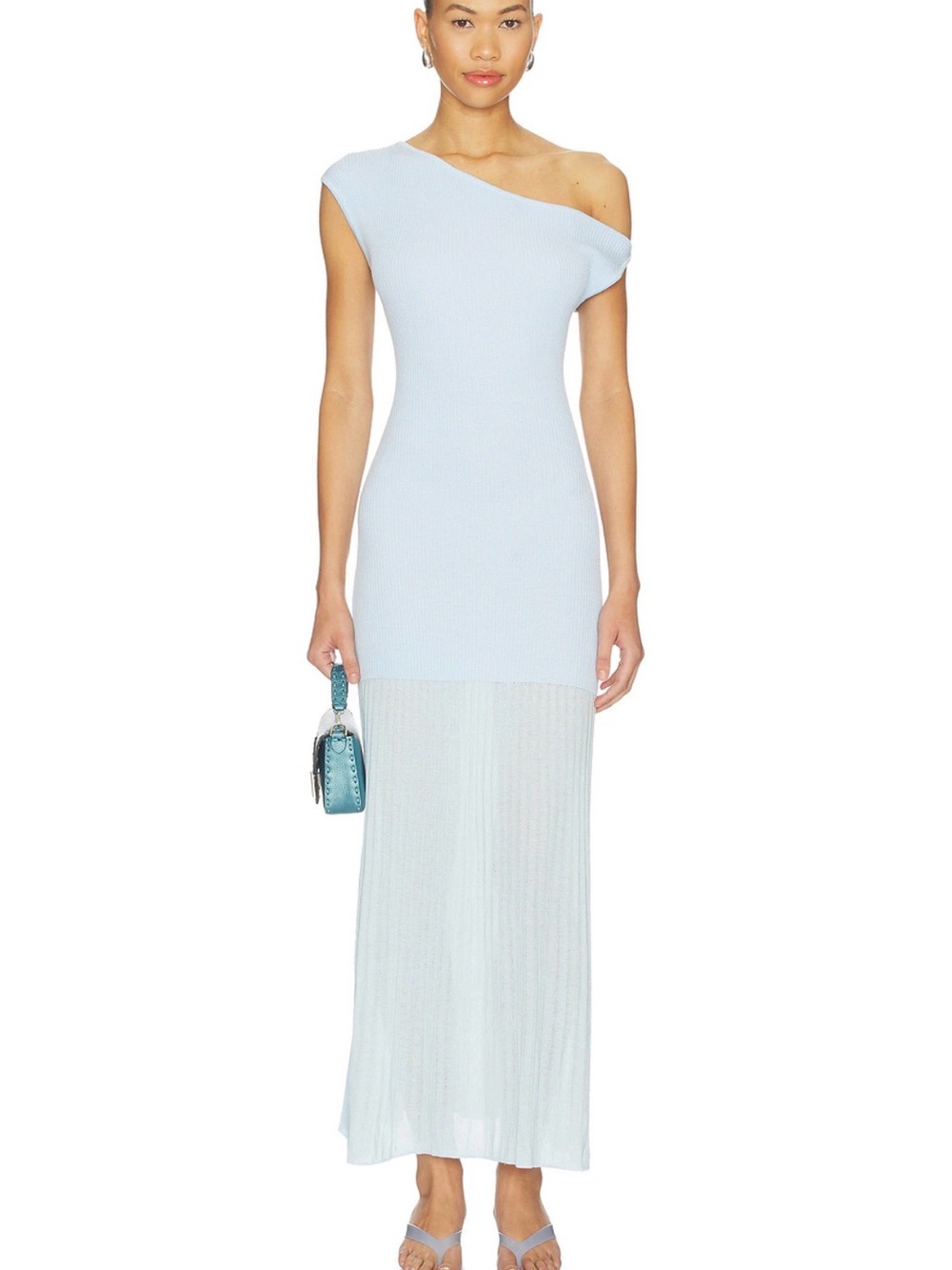 Asymmetric One-Shoulder Light Blue Maxi Dress,used once. Pay attention to photos